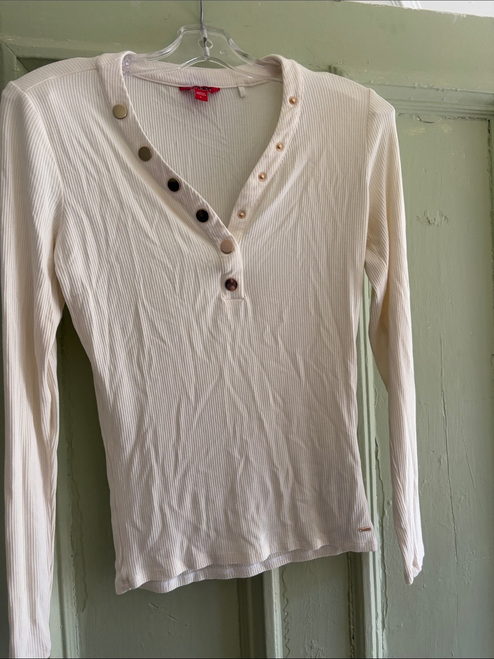 Guess Women's Cream Ribbed Henley Long-Sleeve Top
